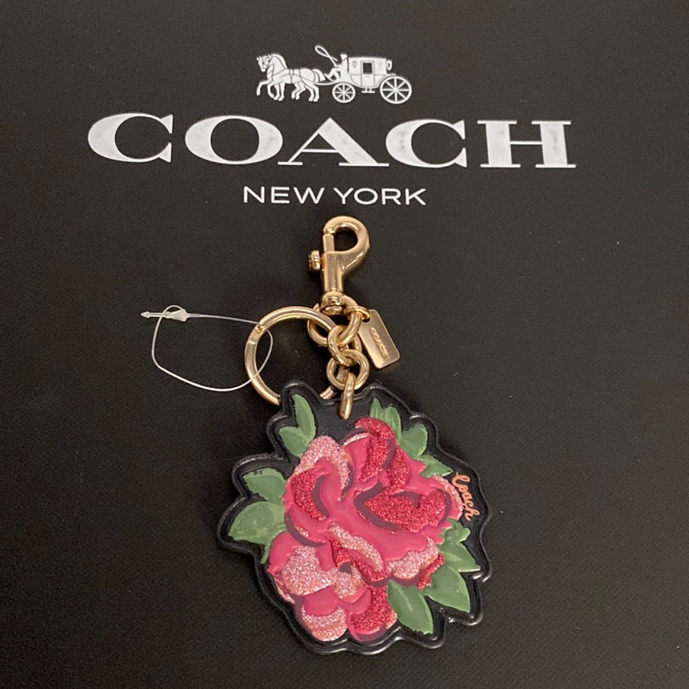 Coach Red Pink Signature Tea Rose Flower Floral Bag Charm Keychain FOB NWOT - Picture 1 of 6